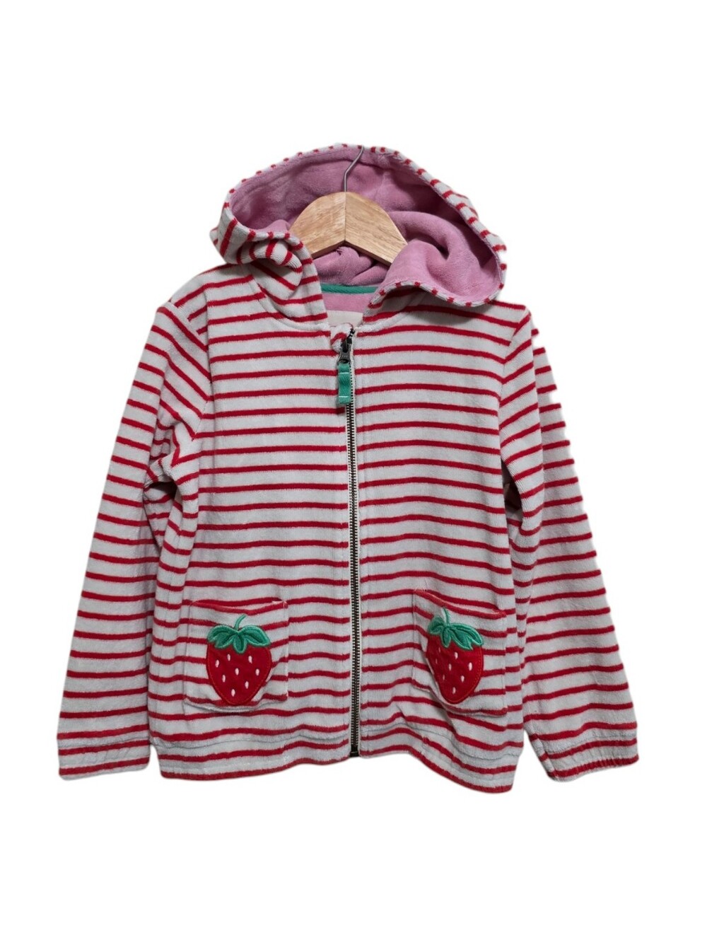 Mini Boden Zip-Through Towelling Hoodie in Striped Strawberry Size 4-5Y
